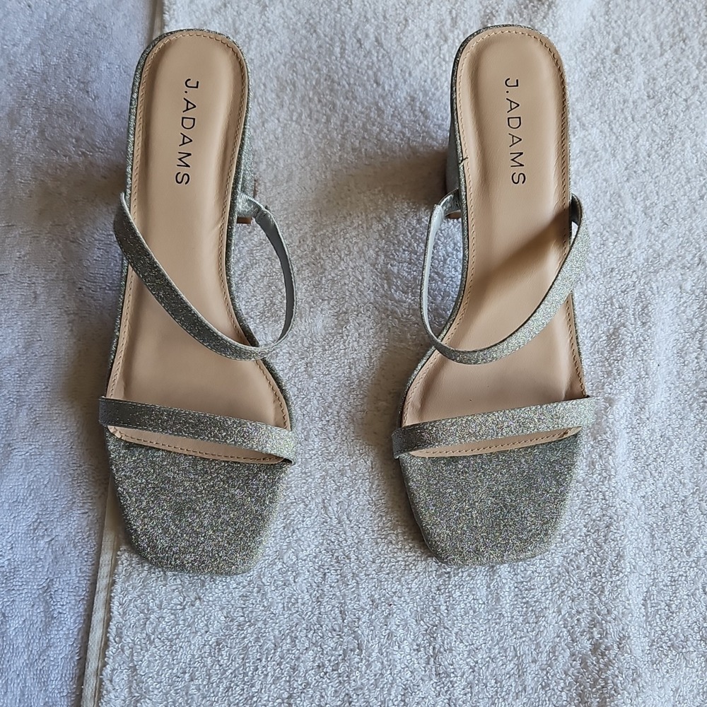J. Adams Silver Synthetic Strappy Block Heel Glitter Sandals Women's 9.5